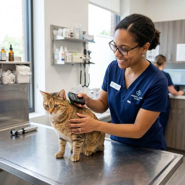 Vétérinaire examinant un chat avec un lecteur de puce RFID